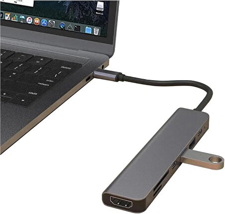 Kuzey's Store Macbook Pro Huawei Dell ile Uyumlu Type C to 4K HDMI + USB 3.0 + SD/tf + PD + Type-C, Taşınabilir 7in1 Adaptör