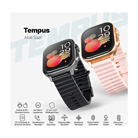 Ttec Tempus 51MM Tft Ekranlı Dikdörtgen Metal Kasa Akıllı Saat Pembe