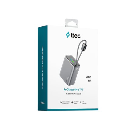 ttec ReCharger Pro TFT 15.000mAh PD 20W USB-C ve Lightning Dahili Kablolu Taşınabilir Hızlı Şarj Aleti Powerbank
