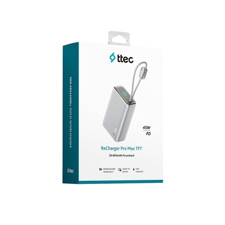 ttec ReCharger Pro Max TFT 20.000mAh PD 45W USB-C ve Lightning Dahili Kablolu Taşınabilir Hızlı Şarj