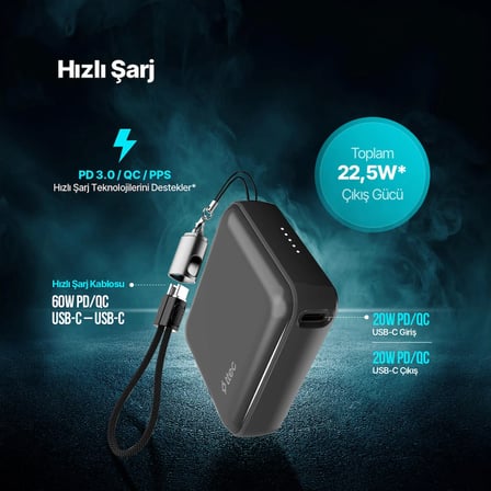 ttec ReCharger Mini 10.000mAh PD 22.5W USB-C Dahili Kablolu Taşınabilir Hızlı Şarj Aleti/Powerbank Uzay Grisi 2BB265UG
