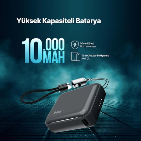 ttec ReCharger Mini 10.000mAh PD 22.5W USB-C Dahili Kablolu Taşınabilir Hızlı Şarj Aleti/Powerbank Uzay Grisi 2BB265UG