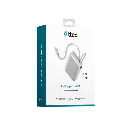 ttec ReCharger Pro LCD 10.000mAh PD 35W USB-C Makaralı Kablolu Taşınabilir Hızlı Şarj Aleti / Powerbank