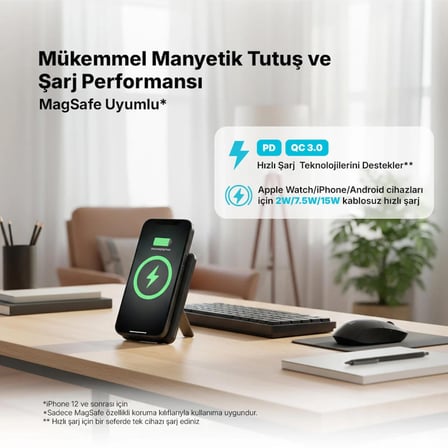 ttec ReCharger M 5.000mAh MagSafe Uyumlu PD 20W Lightning ve USB-C Dahili Kablolu Stantlı Siyah 2BB236S