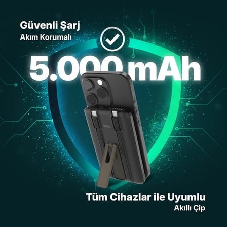 ttec ReCharger M 5.000mAh MagSafe Uyumlu PD 20W Lightning ve USB-C Dahili Kablolu Stantlı Siyah 2BB236S