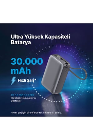 Ttec 30.000mAh Powerbank ReCharger Ultra LCD PD 65W USB-C Dahili Kablolu Taşınabilir Hızlı Şarj /