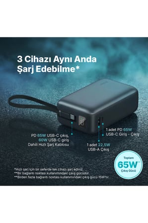 Ttec 30.000mAh Powerbank ReCharger Ultra LCD PD 65W USB-C Dahili Kablolu Taşınabilir Hızlı Şarj /