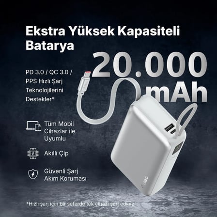 ttec ReCharger Pro LCD 20.000mAh PD 45W USB-C Makaralı Kablolu Taşınabilir Hızlı Şarj Aleti / Powerbank Gri 2BB277G
