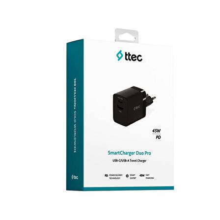 ttec SmartCharger Duo PD 45W Seyahat Hızlı Şarj Aleti USB-C+USB-A