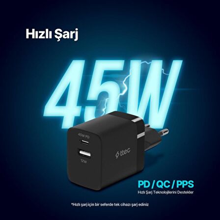 ttec SmartCharger Duo PD 45W Seyahat Hızlı Şarj Aleti USB-C+USB-A