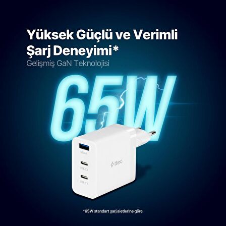 ttec SmartCharger Trio GAN 65W PD Seyahat Hızlı Şarj Aleti 2 USB-C+USB-A