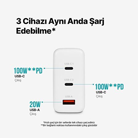 ttec SmartCharger Trio GAN 120W PD Seyahat Hızlı Şarj Aleti 2 USB-C+USB-A