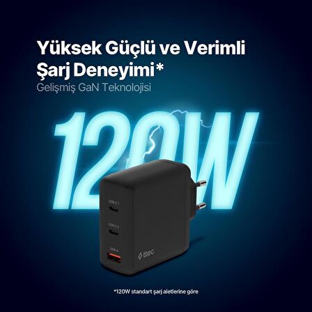 ttec SmartCharger Trio GAN 120W PD Seyahat Hızlı Şarj Aleti 2 USB-C+USB-A