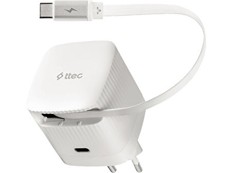 TTEC Smart Charger Gan 65W PD Seyahat Hızlı Şarj Aleti USB-C + Dahili USB-C Şarj Kablosu 2SCG05B Beyaz