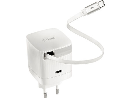 TTEC Smart Charger Gan 65W PD Seyahat Hızlı Şarj Aleti USB-C + Dahili USB-C Şarj Kablosu 2SCG05B Beyaz