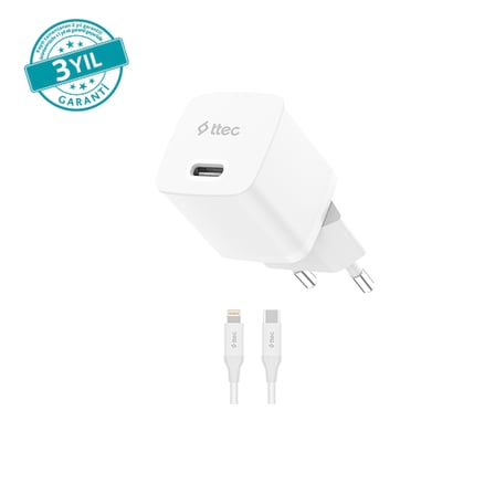 ttec SmartCharger GAN 20W PD Seyahat Hızlı Şarj Aleti + USB-C - Lightning 150cm Kablo