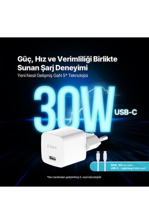 Ttec SmartCharger GAN 30W PD Seyahat Hızlı Şarj Aleti + USB-C - Lightning 150cm Kablo 2SCG30LB