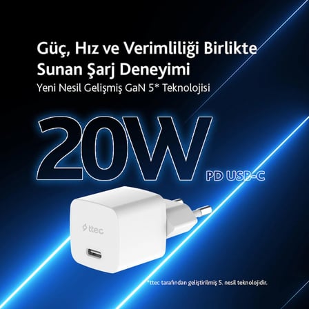 Ttec SmartCharger 20W PD Seyahat Hızlı Şarj Aleti + USB-C - USB-C 3A TYP-C Kablo Beyaz 