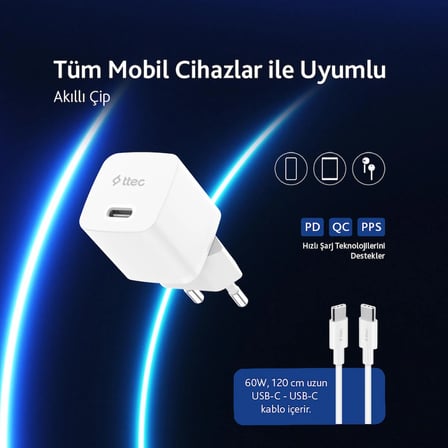 Ttec SmartCharger 20W PD Seyahat Hızlı Şarj Aleti + USB-C - USB-C 3A TYP-C Kablo Beyaz 