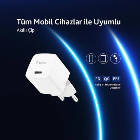 Ttec SmartCharger 20W PD Seyahat Hızlı Şarj Aleti + USB-C - USB-C 3A TYP-C Kablo Beyaz 