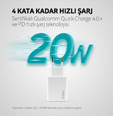 Ttec SmartCharger 20W PD Seyahat Hızlı Şarj Aleti + USB-C - USB-C 3A TYP-C Kablo Beyaz 