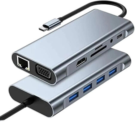 Kuzey's Store Macbook Pro Air ile Uyumlu Type-c Çevirici Dönüştürücü Çoklayıcı Pd Şarj Hdmı Sd Network Vga Girişli 11 In 1