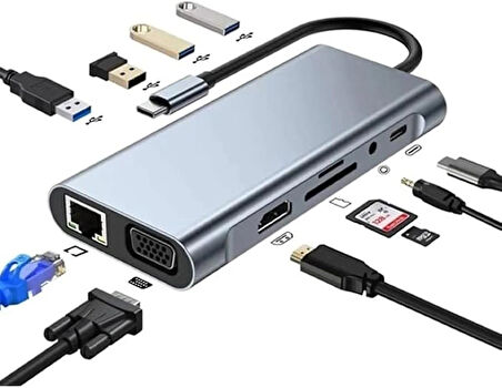 Kuzey's Store Macbook Pro Air ile Uyumlu Type-c Çevirici Dönüştürücü Çoklayıcı Pd Şarj Hdmı Sd Network Vga Girişli 11 In 1