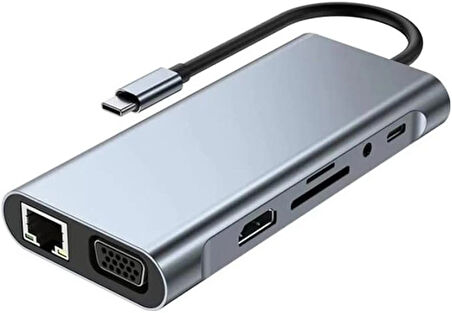 Kuzey's Store Macbook Pro Air ile Uyumlu Type-c Çevirici Dönüştürücü Çoklayıcı Pd Şarj Hdmı Sd Network Vga Girişli 11 In 1