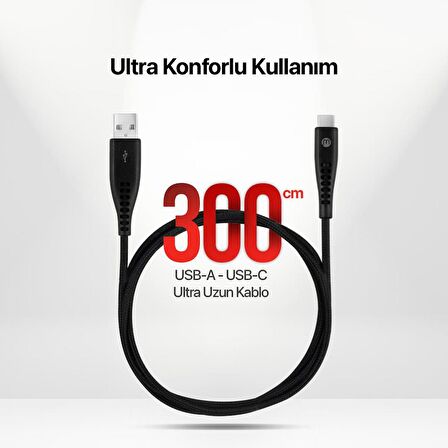 mojue by ttec Ekstra Day USB-A - USB-C 2A Şarj Kablosu 300cm Siyah