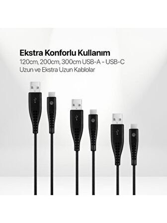 Mojue Usb-C 3’lü Şarj Kablosu Seti Ekstra Dayanıklı Usb-A Usb-C 2A (Mojue By Ttec)  120/200/300CM