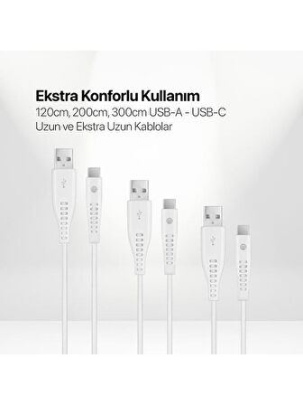 mojue by ttec Ekstra Dayanıklı USB-A - USB-C 2A 3’lü Şarj Kablosu Seti 120/200/300cm