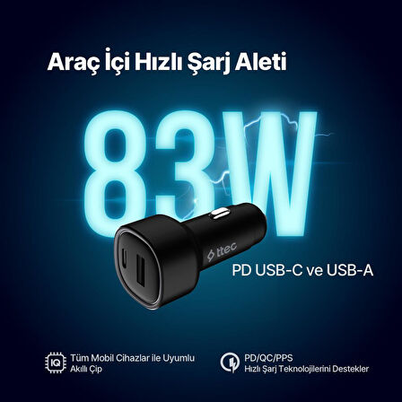 Ttec Şarj Akım Korumalı 83W USB-C+USB Girişli Araç Çakmaklık Şarjı Tüm Araçlarla Uyumlu Araç Şarj Başlık