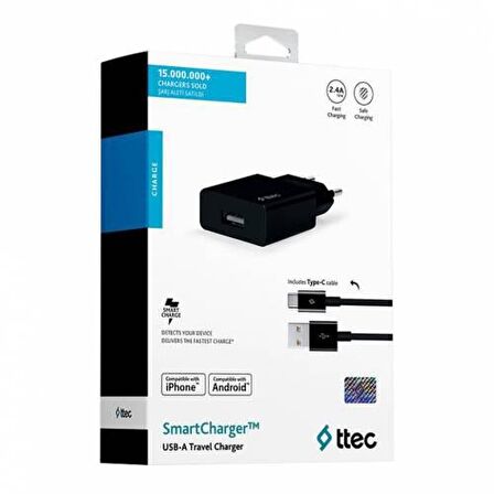 Ttec Smartcharger Adaptör+Type-C Kablo Siyah