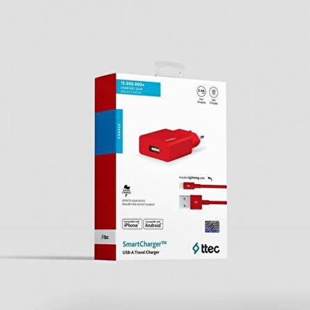 Ttec Smartcharger Adaptör+Lightning Şarj Kablosu Kırmızı