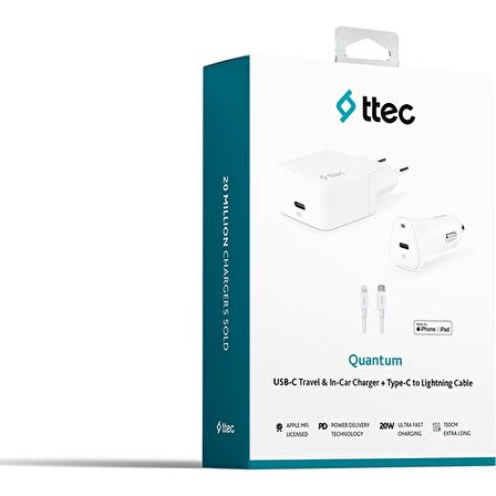 Ttec Quantum Pd Apple Mfi Lisanslı 20W Seyahat ve Araç Şarj Aleti + Type-C/lightning Kablo (Apple Uyumludur.)