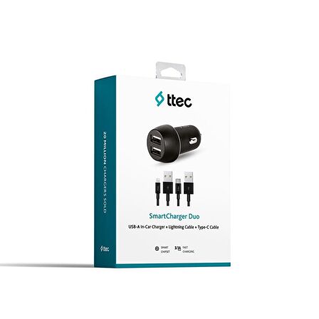 Ttec SmartCharger Duo3.1A Araç Şarj Aleti Çift USB Lightning ve Type-C Kablo