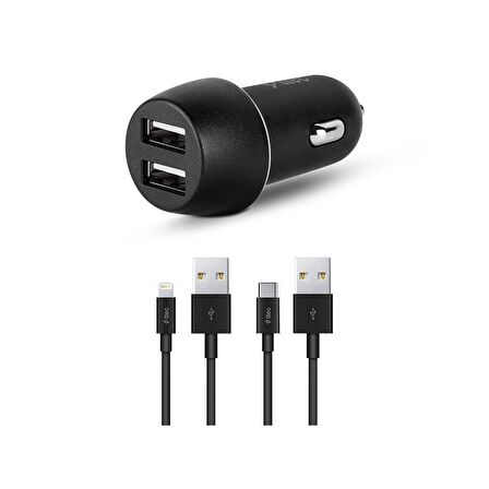 Ttec SmartCharger Duo3.1A Araç Şarj Aleti Çift USB Lightning ve Type-C Kablo