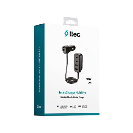 ttec SmartCharger 6'sı 1 Arada PD 90W Araç Hızlı Şarj Aleti 3 USB-C+3 USB-A 2CKP06S Siyah