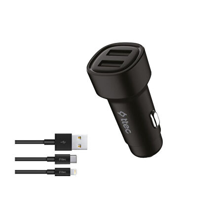 ttec SmartCharger Duo 3.1A Araç Şarj Aleti Çift USB  + USB-C ve Lightning Kablo