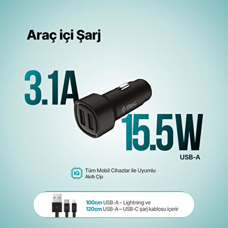 ttec SmartCharger Duo 3.1A Araç Şarj Aleti Çift USB  + USB-C ve Lightning Kablo