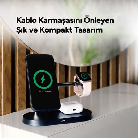 ttec AirCharger Quattro M MagSafe Uyumlu iPhone+AppleWatch+AirPods LED li Kablosuz Hızlı Şarj Standı