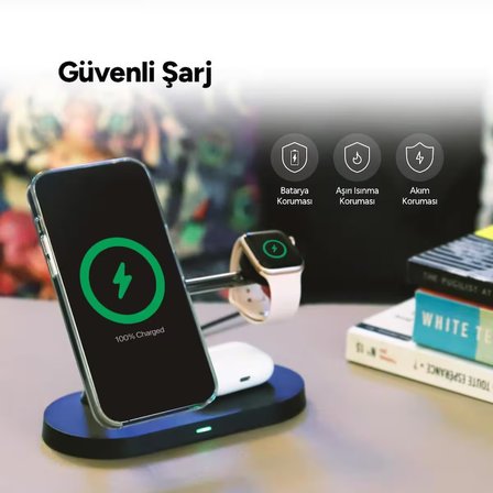 ttec AirCharger Quattro M MagSafe Uyumlu iPhone+AppleWatch+AirPods LED li Kablosuz Hızlı Şarj Standı