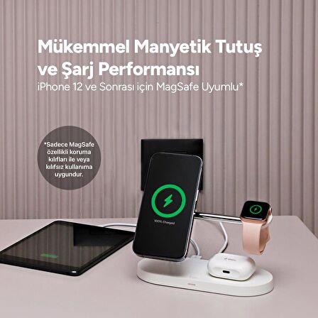 ttec AirCharger Quattro M MagSafe Uyumlu iPhone+AppleWatch+AirPods LED li Kablosuz Hızlı Şarj Standı