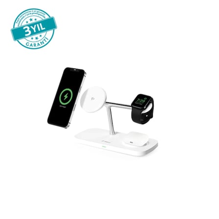 ttec AirCharger Trio Pro Qi2/MagSafe Özellikli 15W iPhone/Android Özellikli 3’ü 1 Arada iPhone + Apple Watch + AirPods Kablosuz Hızlı Şarj Standı Beyaz 2KS37B - 2KS37B