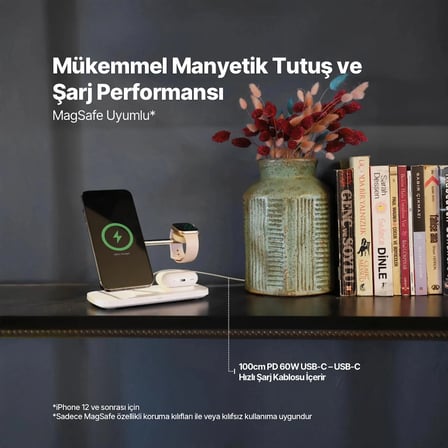 ttec AirCharger Trio Pro Qi2/MagSafe Özellikli 15W iPhone/Android Özellikli 3’ü 1 Arada iPhone + Apple Watch + AirPods Kablosuz Hızlı Şarj Standı Beyaz 2KS37B - 2KS37B