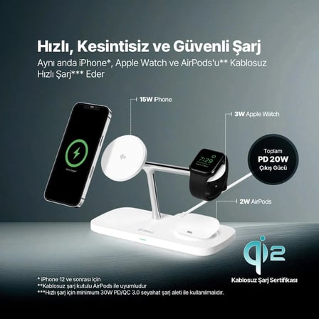 ttec AirCharger Trio Pro Qi2/MagSafe Özellikli 15W iPhone/Android Özellikli 3’ü 1 Arada iPhone + Apple Watch + AirPods Kablosuz Hızlı Şarj Standı Beyaz 2KS37B - 2KS37B