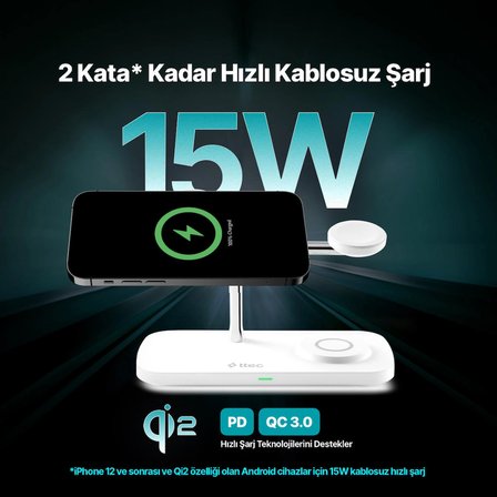 2KS37B ttec AirCharger Trio Pro Qi2/MagSafe Özellikli 15W iPhone/Android Özellikli 3’ü 1 Arada iPhone + Apple Watch + AirPods Kablosuz Hızlı Şarj Standı - 2KS37B