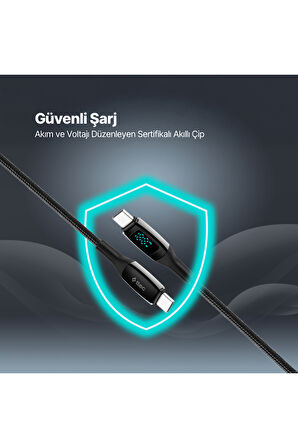 AlumiCable LCD USB-C – USB-C 100W PD/QC 150cm Hızlı Şarj/Data Kablosu ,Siyah