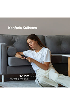 Ekstra Dayanıklı Transparan USB-C –USB-C 60W PD/QC 120cm Hızlı Şarj/Data Kablosu Siyah 2DK58S