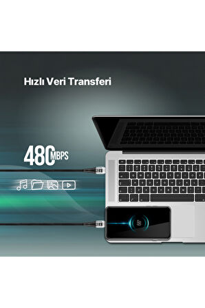 Ekstra Dayanıklı Transparan USB-C –USB-C 60W PD/QC 120cm Hızlı Şarj/Data Kablosu Siyah 2DK58S